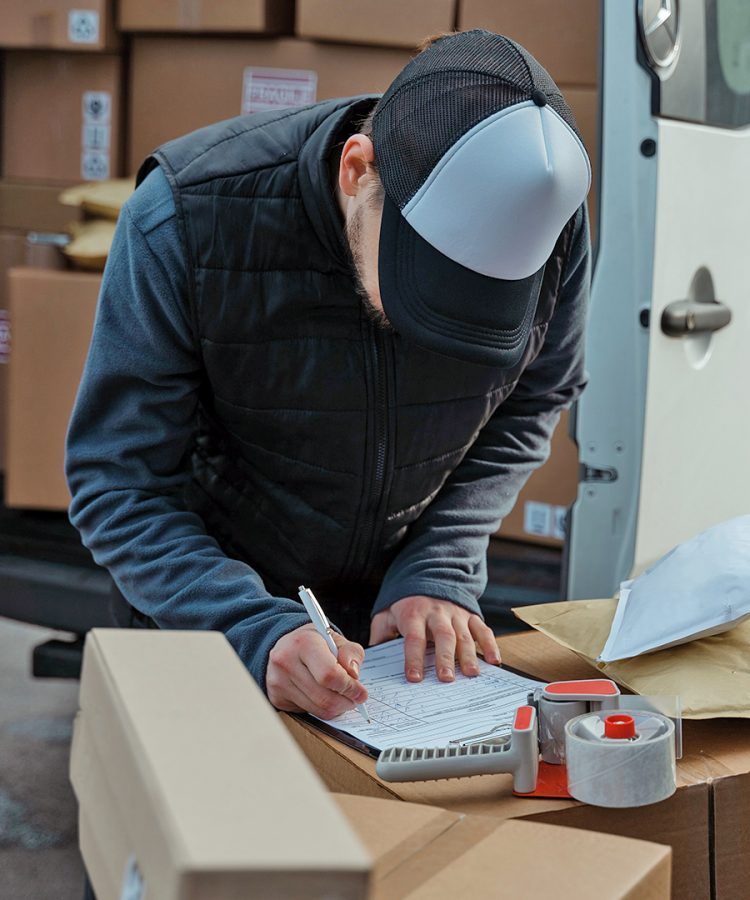 Man filling out paperwork on top of shipping packages