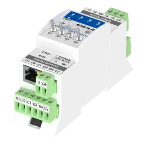I/O module with Modbus TCP/IP or BACnetIP communication. 1xETH, 1xRS485, 4xDI, 4xDO with HOA. 24 V AC/DC.