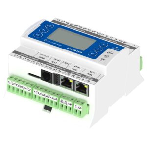 Free programmable Advanced Application Controller with LCD, 1xRS485, 2xETH, 1x1-Wire, 1xUSB, 8xUI, 4xDI, 4xDO, 4/6xAO. Power supply 24 V AC/DC.