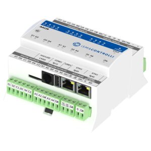 Free programmable Advanced Application Controller, 1xRS485, 2xETH, 1x1-Wire, 1xUSB, 8xUI, 4xDI, 4xDO, 4/6xAO. Power supply 24 V AC/DC.