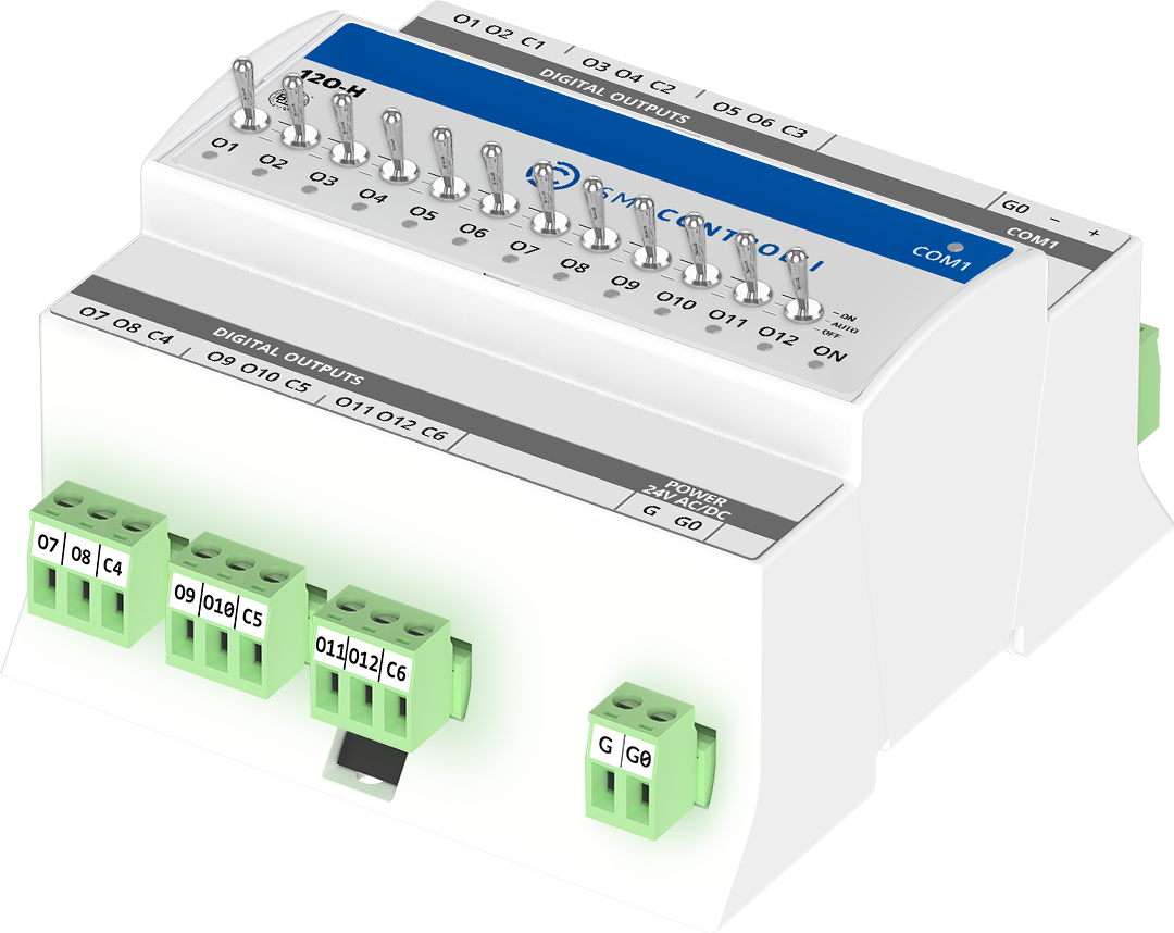 I/O module with Modbus RTU/ASCII or BACnet MSTP communication. 1xRS485, 12xDO. Power supply 24 V AC/DC.