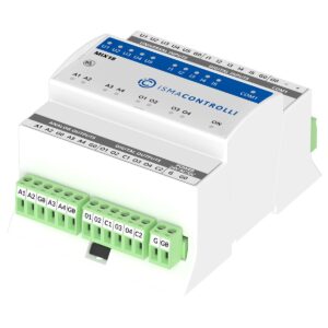 I/O module with Modbus RTU/ASCII or BACnet MSTP communication. 1xRS485, 5xDI, 5xUI, 4xAO, 4xDO. 24 V AC/DC.