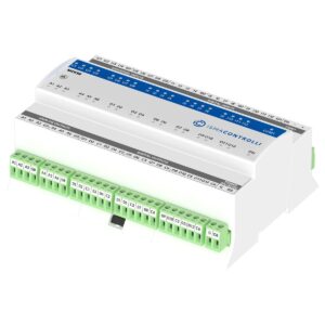 I/O module with Modbus RTU/ASCII or BACnet MSTP comms. 1xRS485, 12xDI, 8xUI, 6xAO, 12xDO. 24 V AC/DC.