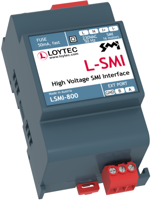 LSMI-800, High Voltage SMI Interface, 1 x SMI for up to 16 SMI actuators - Attention: This device shall only be used together with LOYTEC devices offering an EXT port